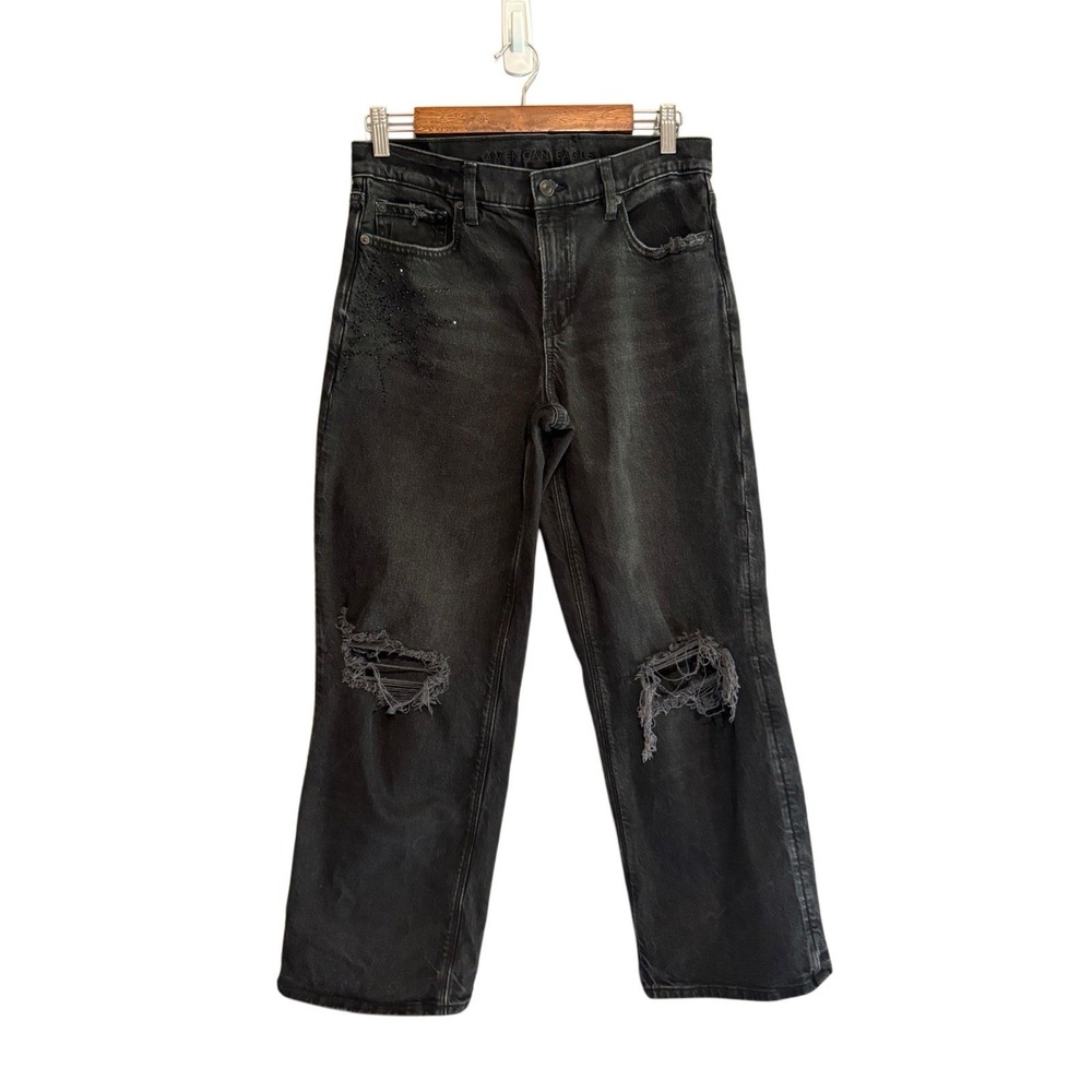 American Eagle Stovepipe Jeans Embellish Spiderweb Goth Halloween Black Denim 4R